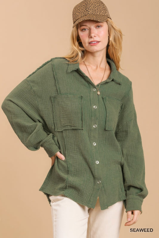 Mineral wash button down top with high low hem