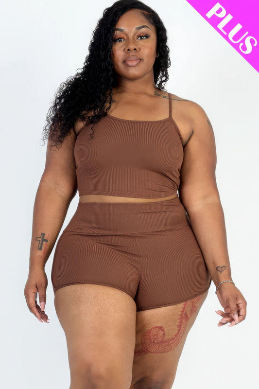 Plus Size Ribbed Cami Crop Top & Ruched Shorts Set