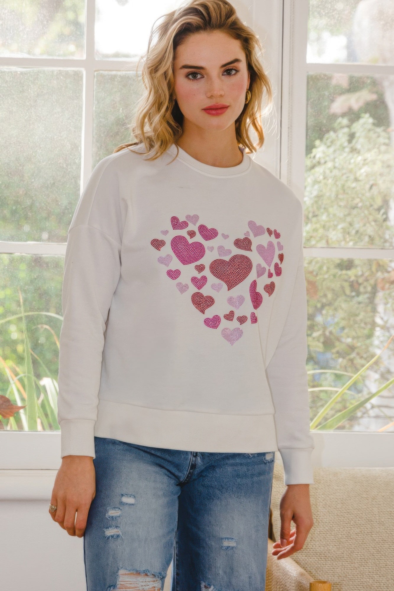 Hearts Hotfix Rhinestone Oversized Pullover