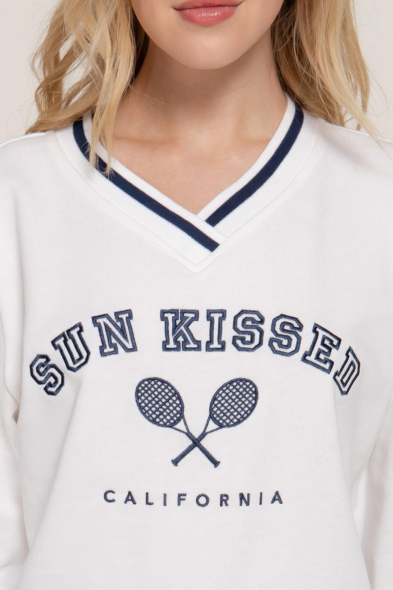 Long slv v-neck embroidered sweatshirt