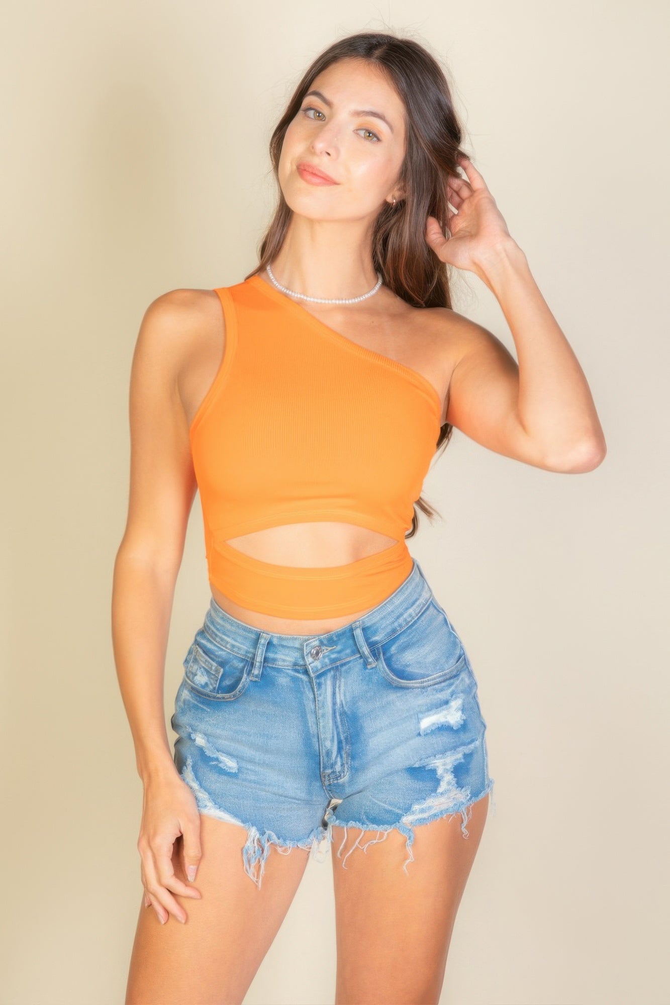 Ribbed Knit Cut Out One Shoulder Crop Top