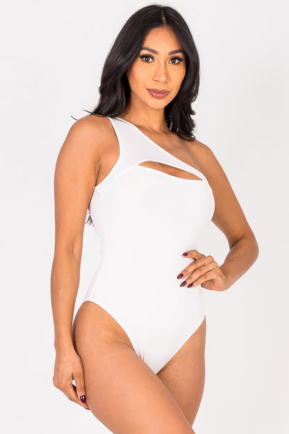 Ribbed Knit Cut Out One Shoulder Bodysuit