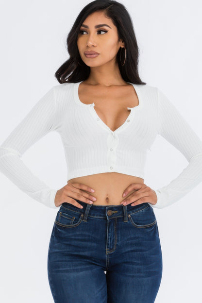 Ribbed Long Sleeve Snap Button Down Crop Top