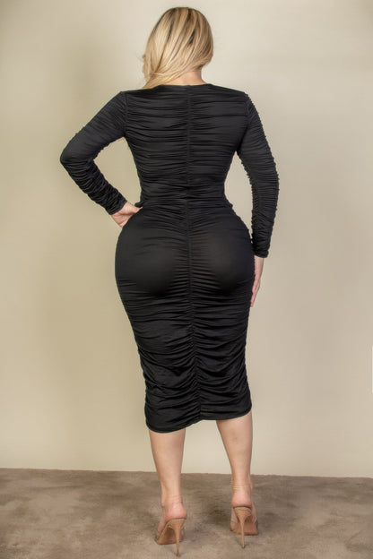 Plus Size Ruched Long Sleeve Midi Dress