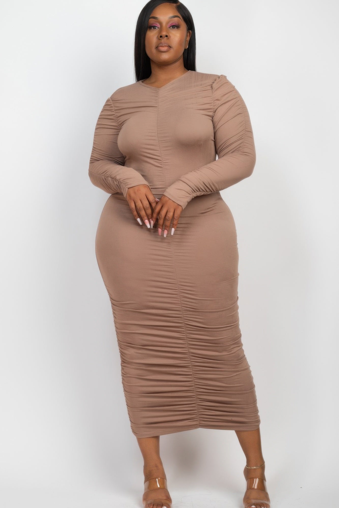 Plus Size Ruched Long Sleeve Midi Dress